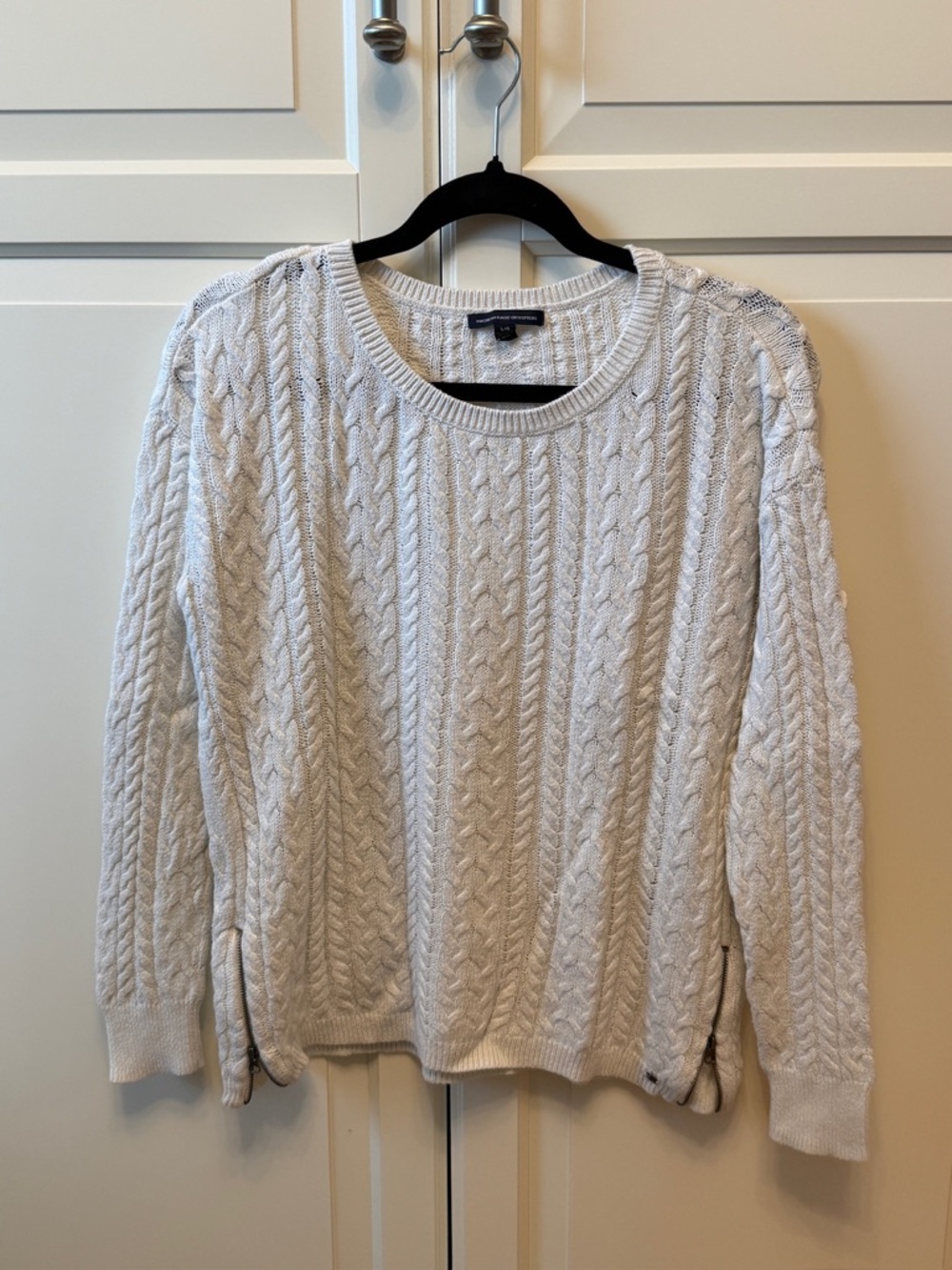 American Eagle Side Zip Cable Knit Crewneck Sweater - Cream